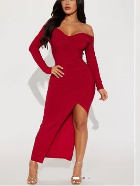 Red Off-Shoulder Maxi Dress with Thigh Slit - XS